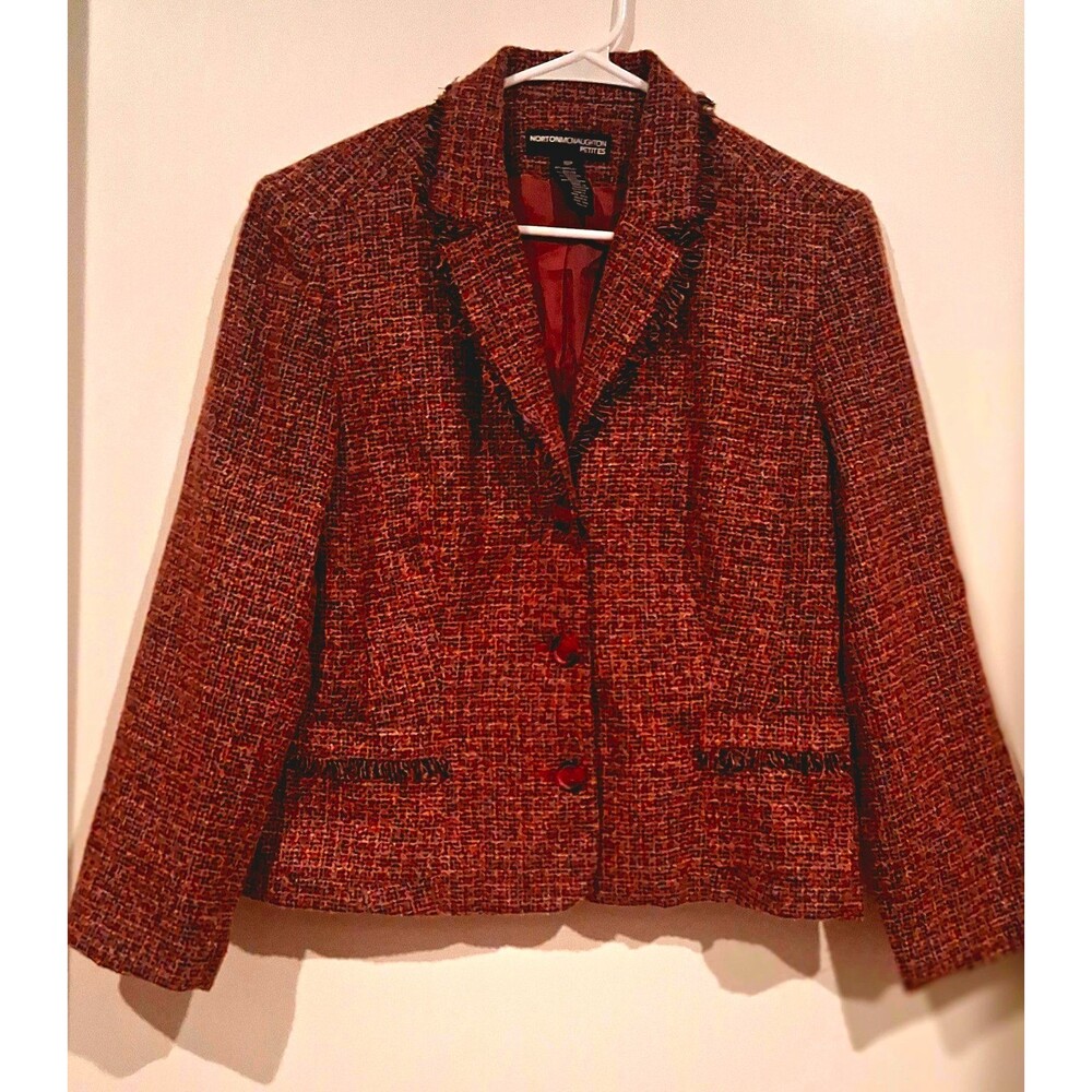 Norton McNaughton Petites Tweed Fringe Trim Button Front Blazer 16P Brown